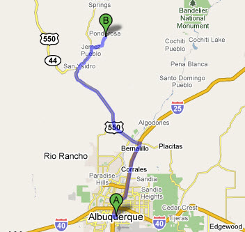 Map from Albuquerque to Ponderosa, NM